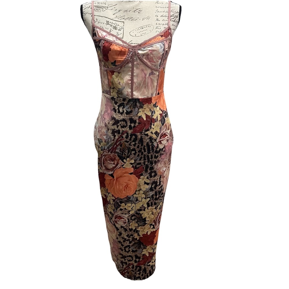 Missguided Pink Orange Floral Midi Dress